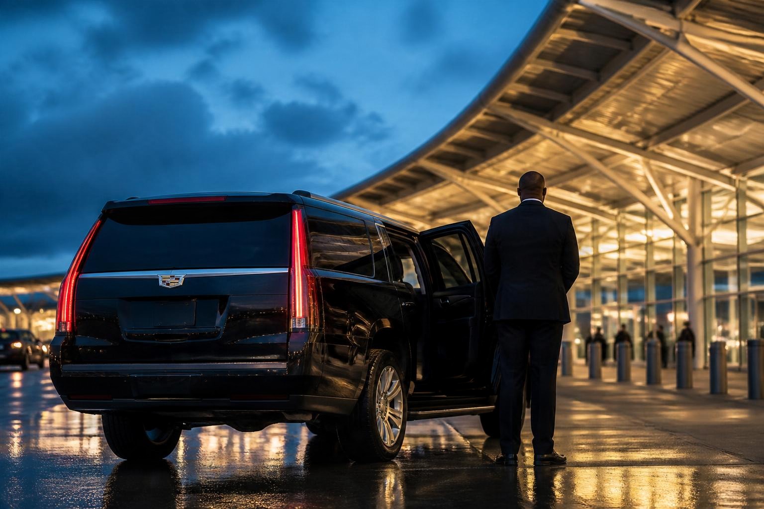 A black Cadillac Escalade at the Indianapolis International Airport terminal curb at dusk, with a driver holding the rear door.