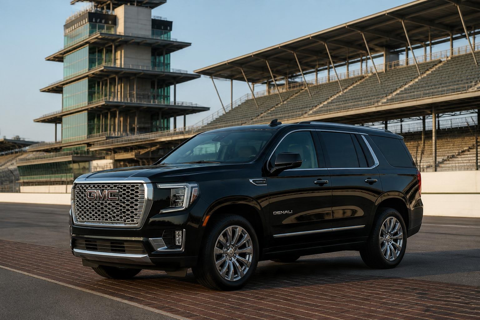 Black GMC Yukon Denali in front of the Indianapolis Motor Speedway Pagoda.