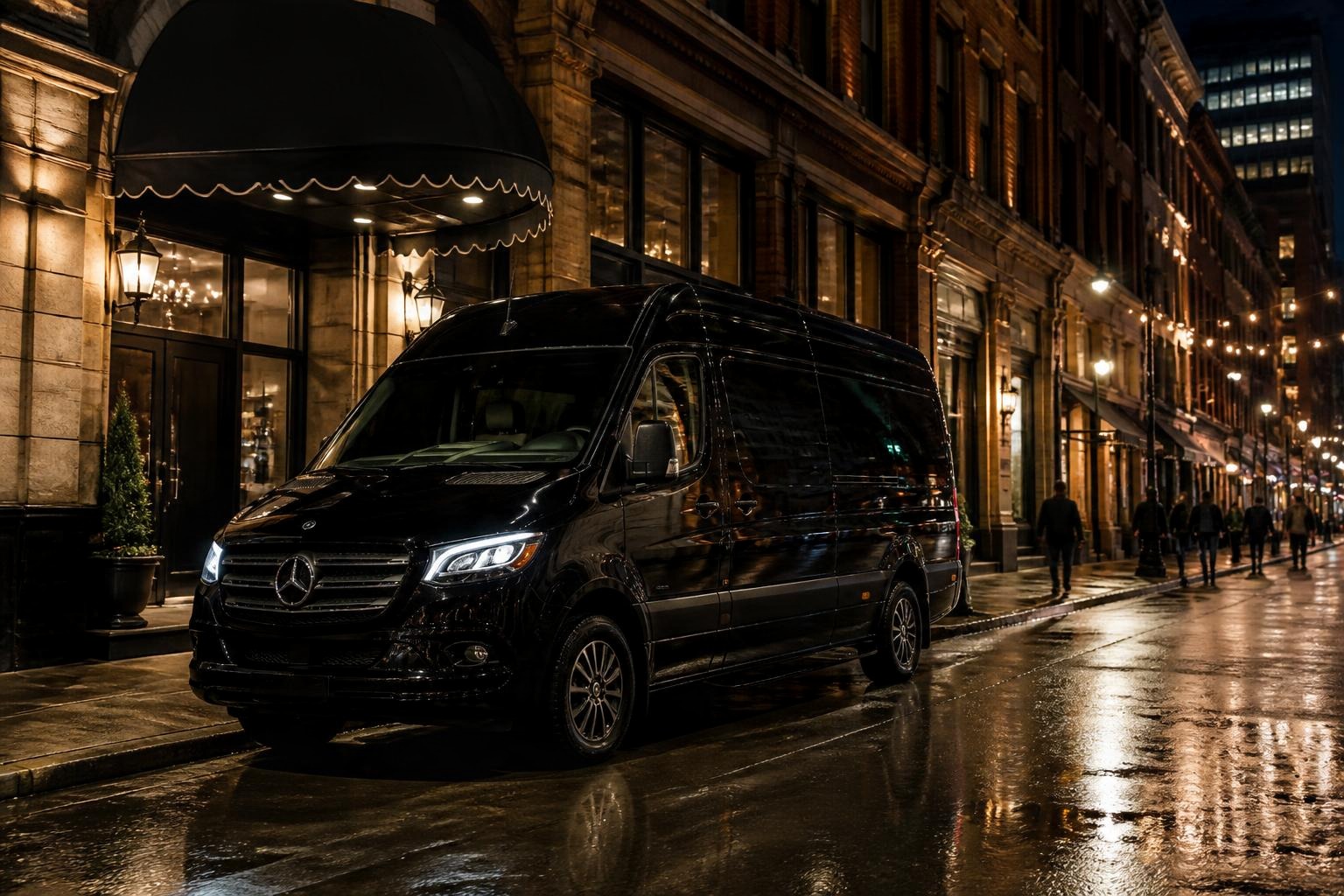 Black Mercedes-Benz Sprinter van outside a downtown Indianapolis steakhouse at night.
